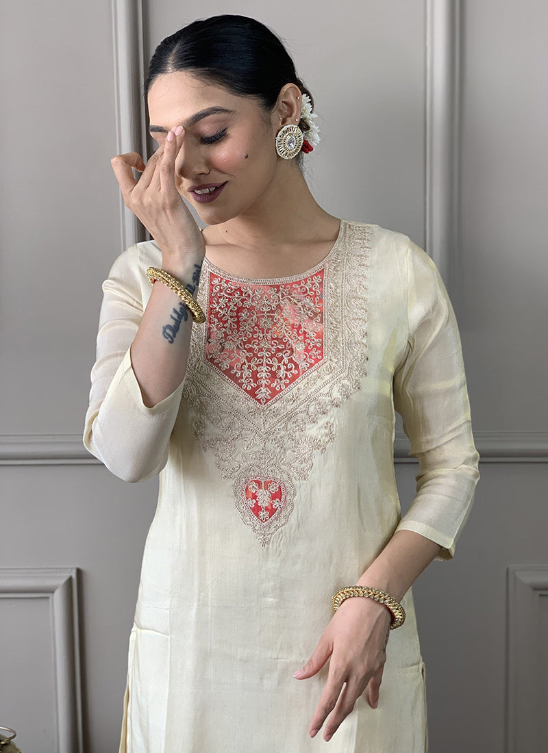 Vellora Pv Chanderi White Casual Wear Embroidery Work Readymade Suit | Grocsy
