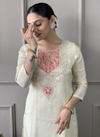 Vellora Pv Chanderi White Casual Wear Embroidery Work Readymade Suit | Grocsy
