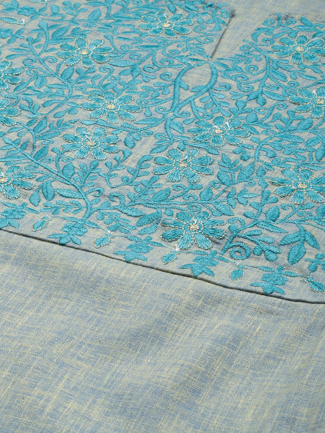 HERE&NOW Grey & Blue Embroidered Cotton Kurta with Trousers & With Dupatta | Grocsy