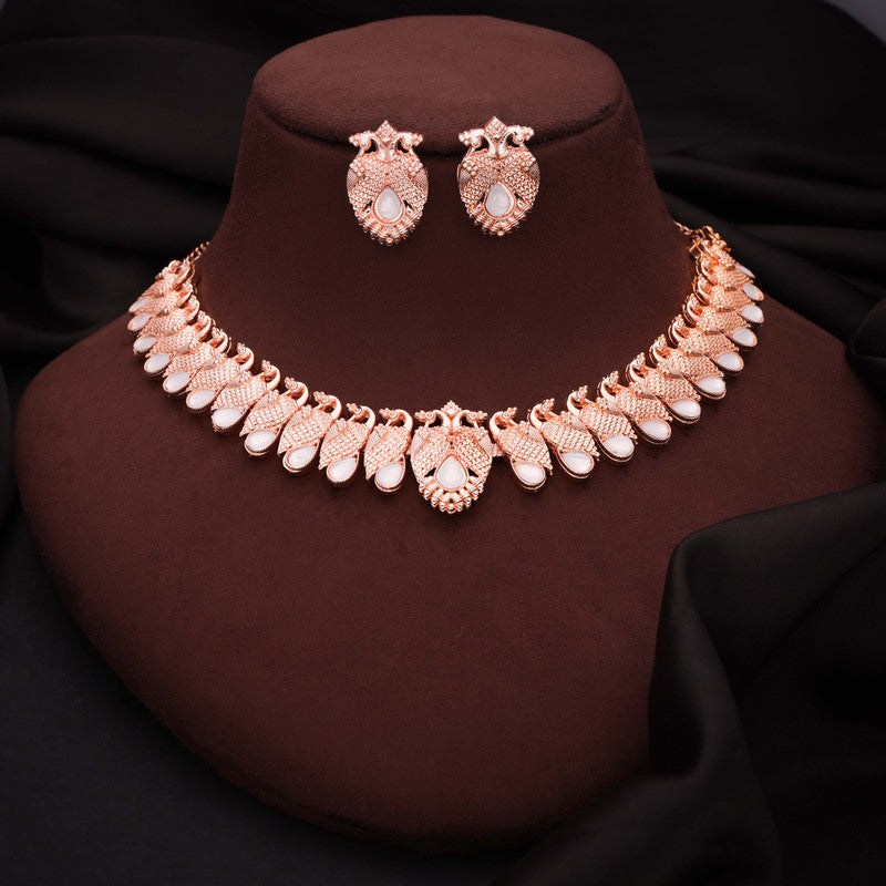 Tehzeeb Creations Rose Gold White Colour Necklace With Pair Of Earrings | Grocsy