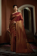 Vardha Rosewood Maroon Golden Zari Kanjeevaram Silk Saree | Grocsy