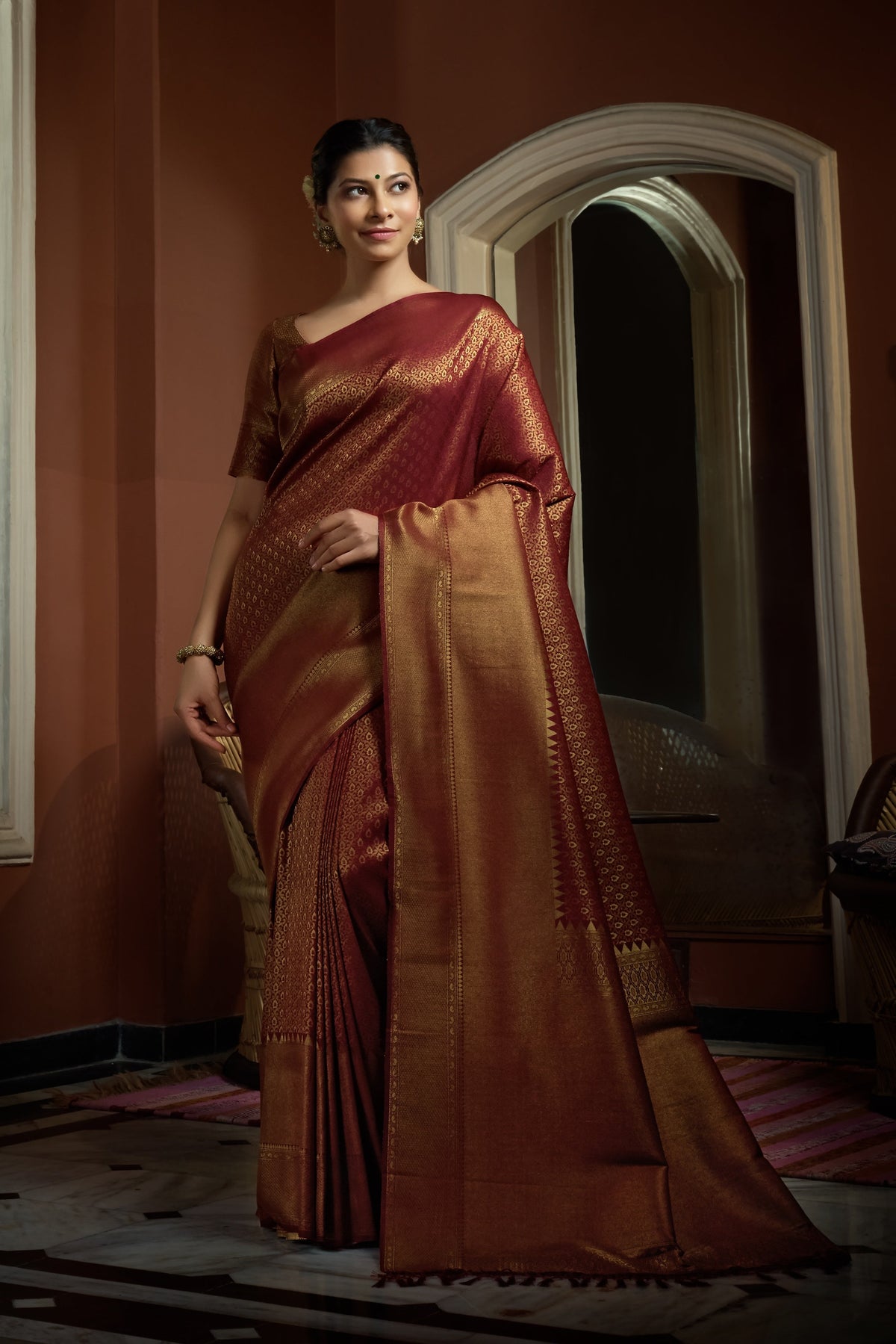 Vardha Rosewood Maroon Golden Zari Kanjeevaram Silk Saree | Grocsy