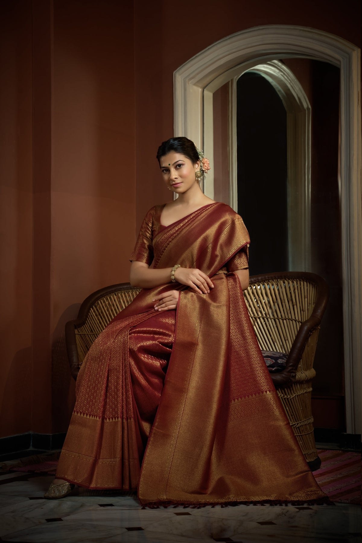 Vardha Rosewood Maroon Golden Zari Kanjeevaram Silk Saree | Grocsy