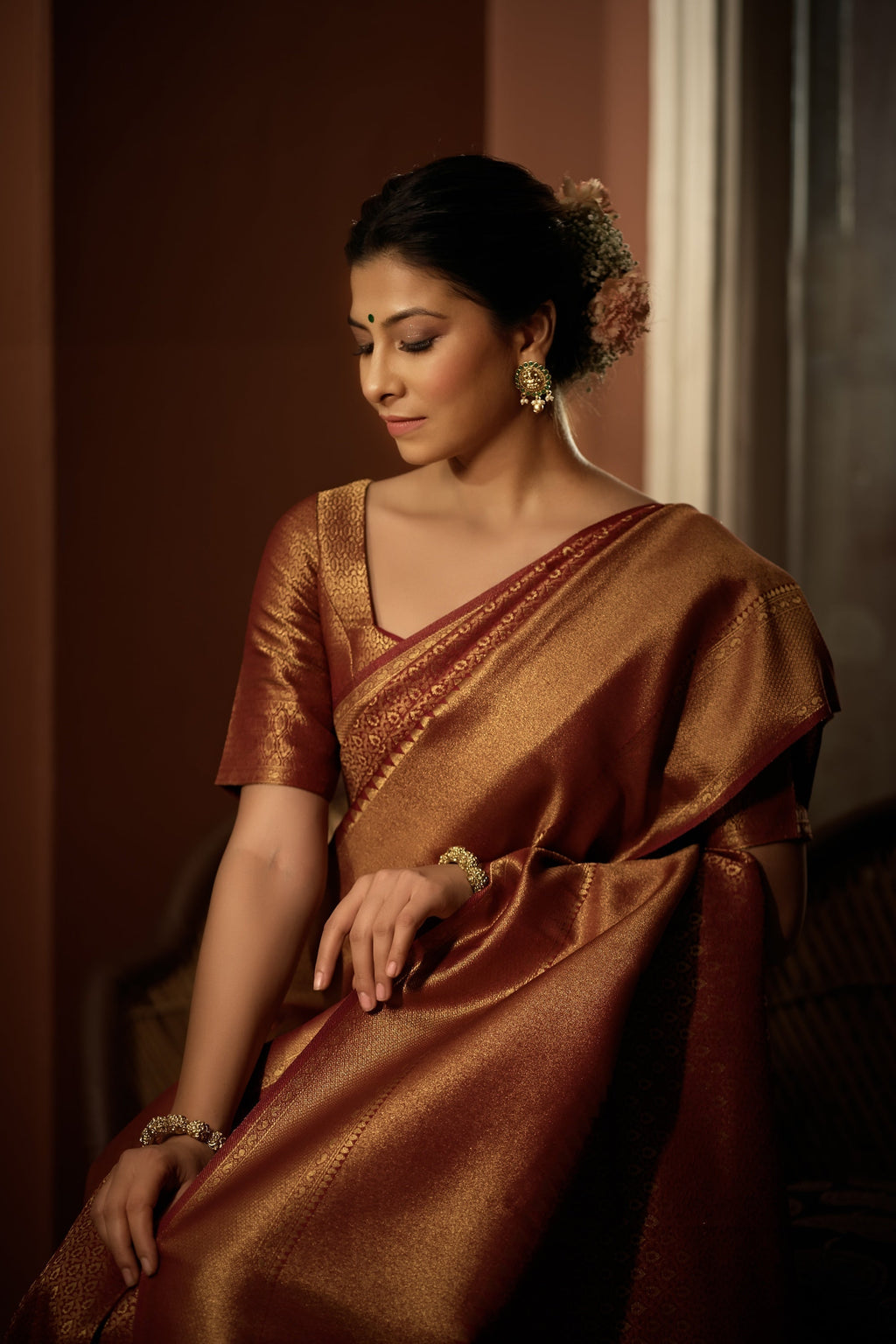 Vardha Rosewood Maroon Golden Zari Kanjeevaram Silk Saree | Grocsy