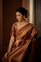 Vardha Rosewood Maroon Golden Zari Kanjeevaram Silk Saree | Grocsy