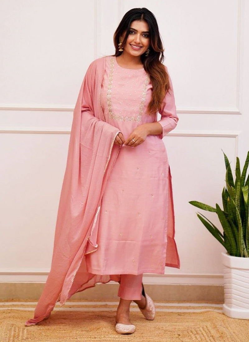 Vellora Rayon Slub Light Pink Casual Wear Embroidery Work Readymade Kurti Set | Grocsy