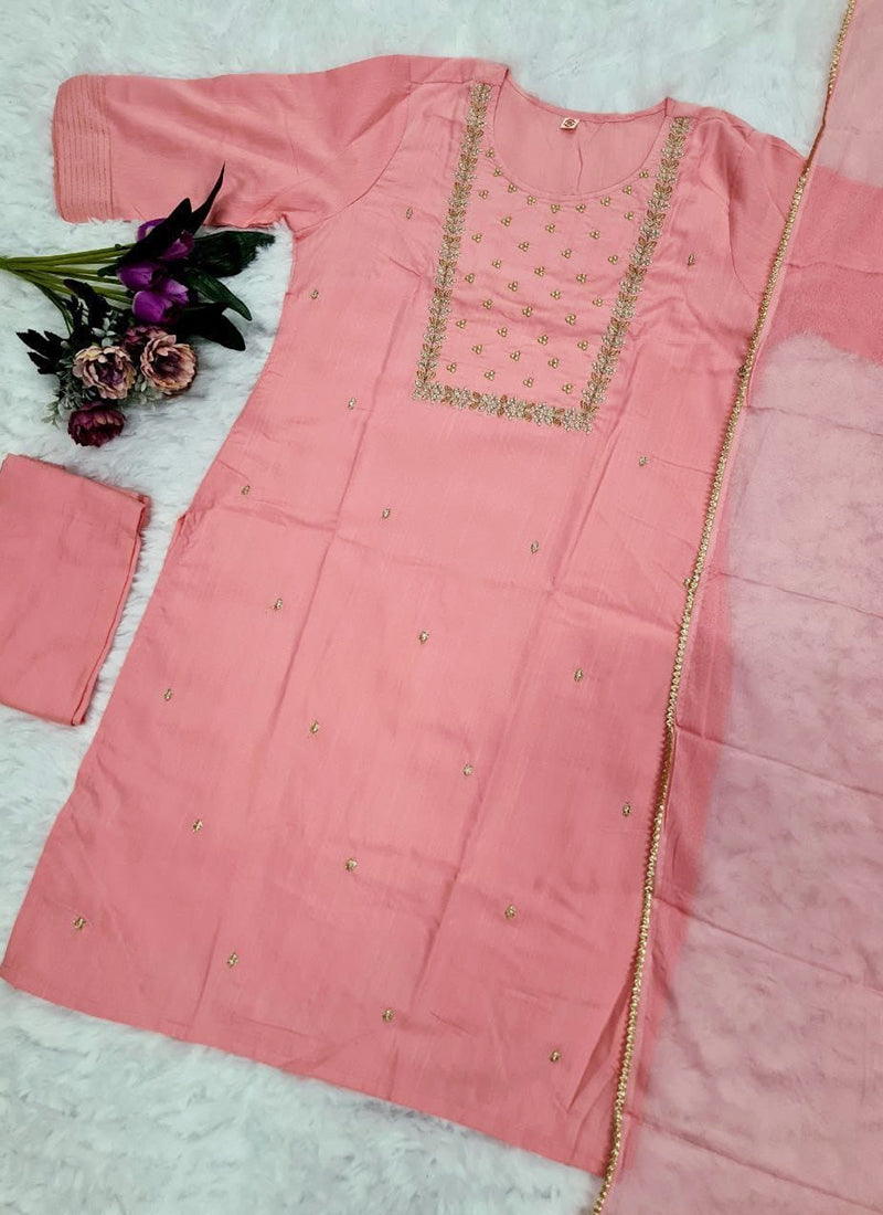 Vellora Rayon Slub Light Pink Casual Wear Embroidery Work Readymade Kurti Set | Grocsy
