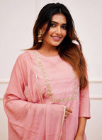 Vellora Rayon Slub Light Pink Casual Wear Embroidery Work Readymade Kurti Set | Grocsy