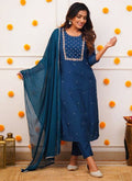 Vellora Rayon Slub Navy Blue Casual Wear Embroidery Work Readymade Kurti Set | Grocsy