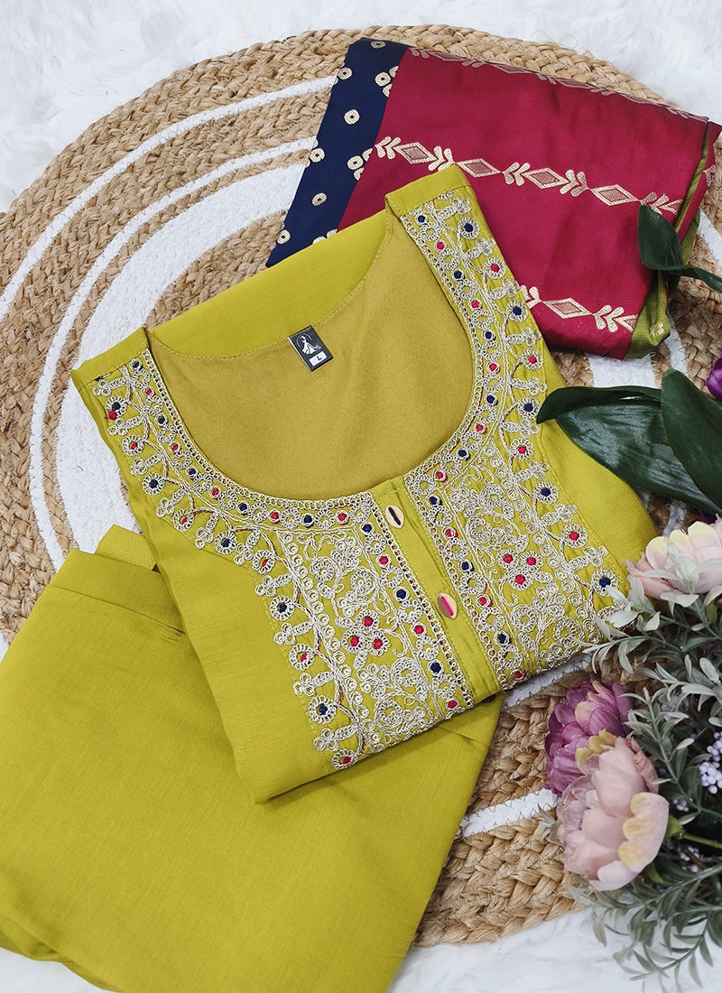 Vellora Viscose Chanderi Yellow Festival Wear Embroidery Work Readymade Suit | Grocsy