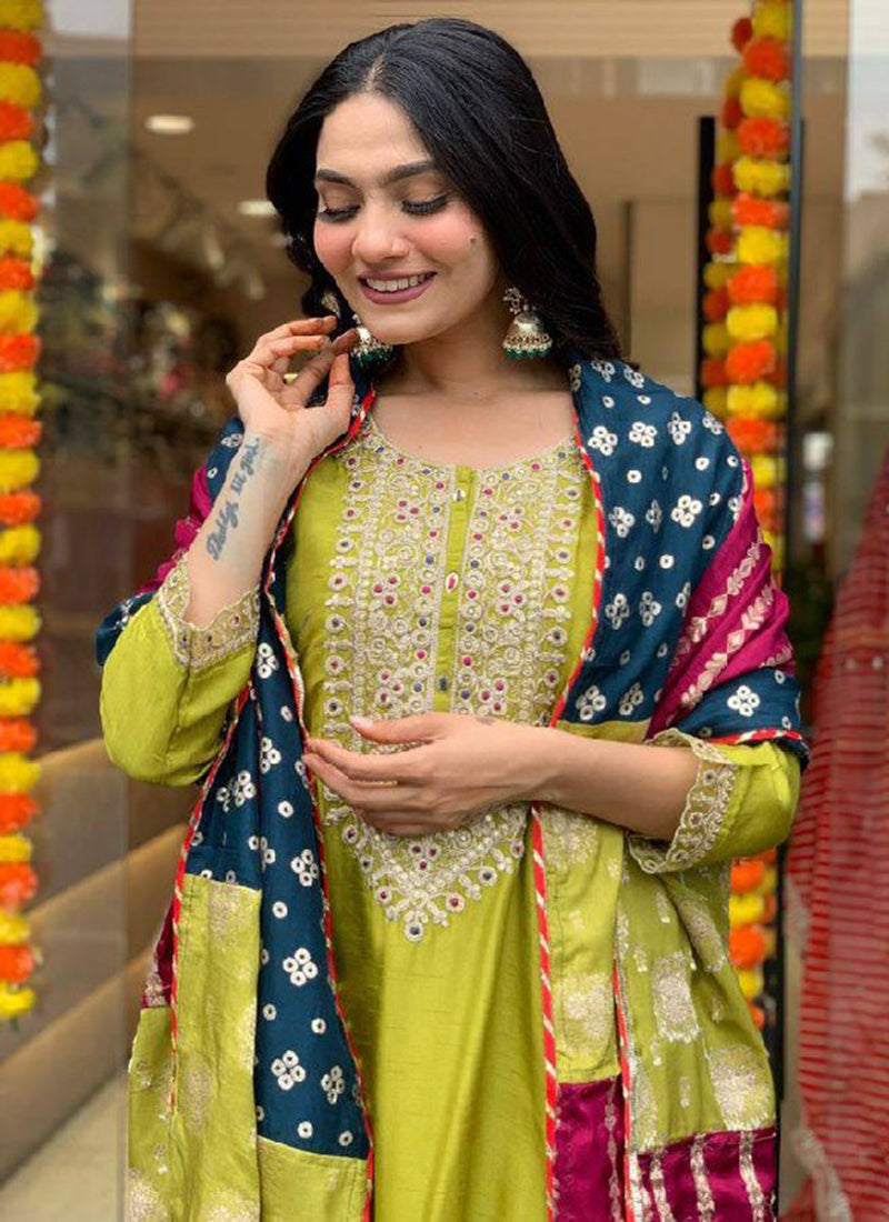 Vellora Viscose Chanderi Yellow Festival Wear Embroidery Work Readymade Suit | Grocsy