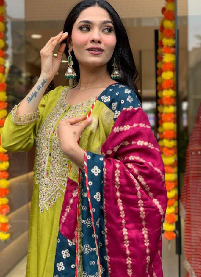Vellora Viscose Chanderi Yellow Festival Wear Embroidery Work Readymade Suit | Grocsy