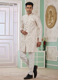 Raivat Ethnic Banarasi Jacquard Embroidery Indo Western Sherwani In Cream Colour | Grocsy