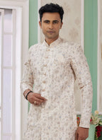 Raivat Ethnic Banarasi Jacquard Embroidery Indo Western Sherwani In Cream Colour | Grocsy