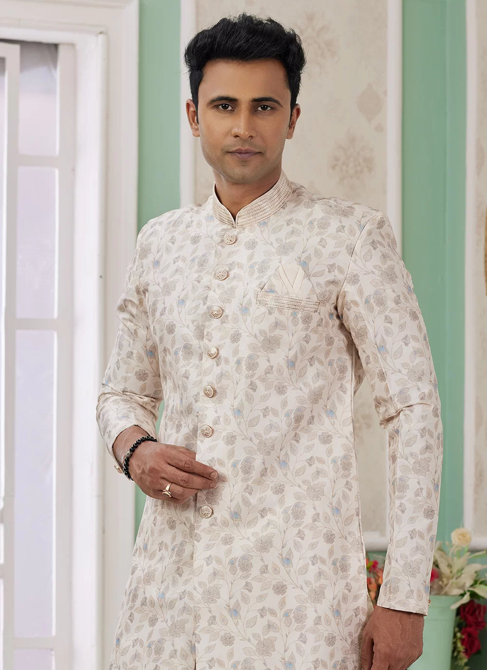 Raivat Ethnic Banarasi Jacquard Embroidery Indo Western Sherwani In Cream Colour | Grocsy