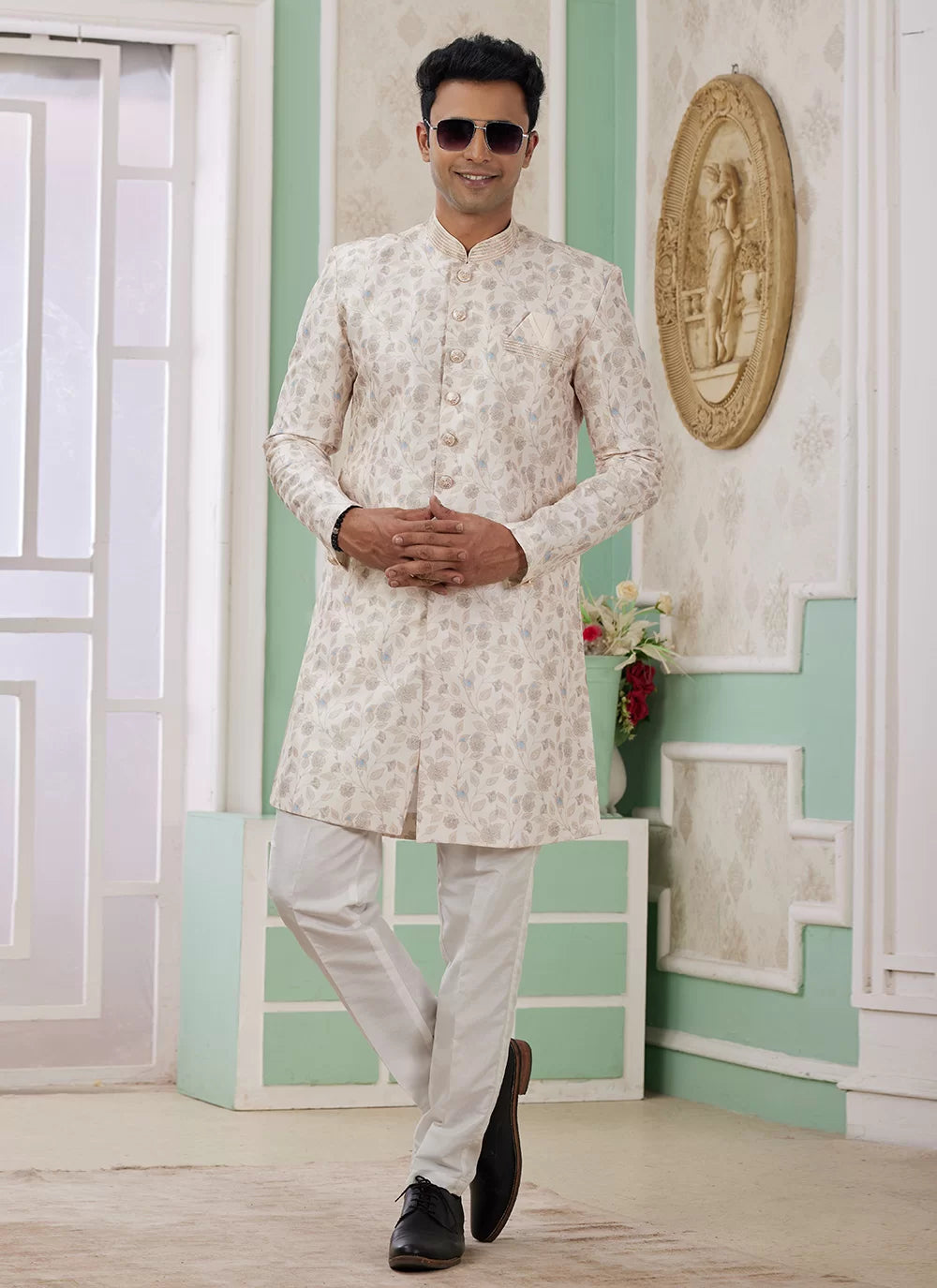 Raivat Ethnic Banarasi Jacquard Embroidery Indo Western Sherwani In Cream Colour | Grocsy
