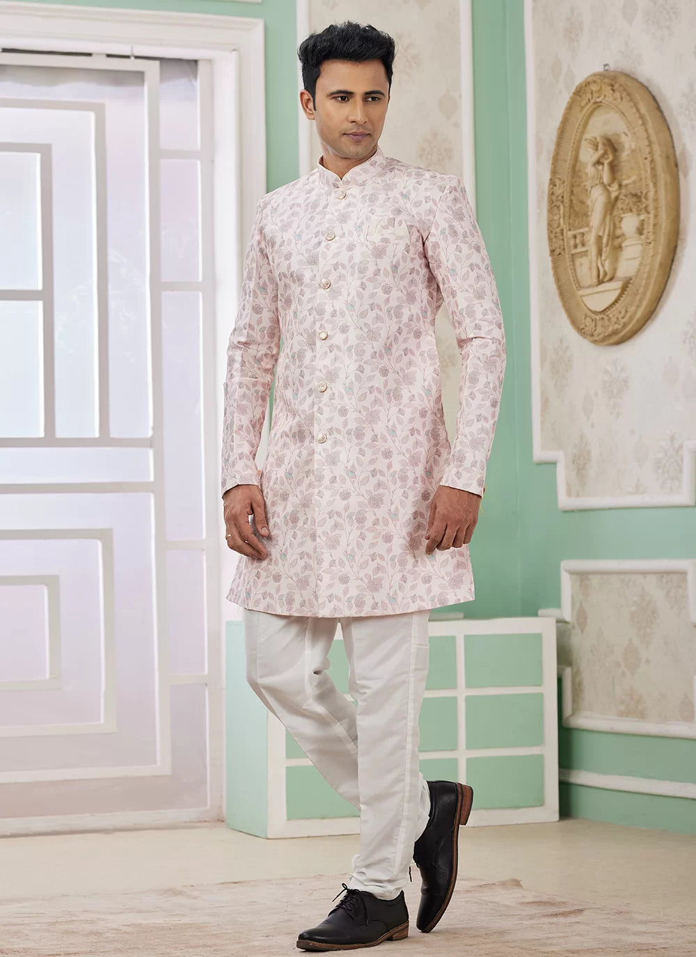 Raivat Ethnic Banarasi Jacquard Embroidery Indo Western Sherwani In Pink Colour | Grocsy
