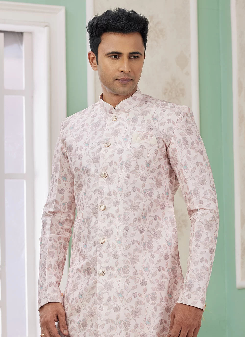Raivat Ethnic Banarasi Jacquard Embroidery Indo Western Sherwani In Pink Colour | Grocsy