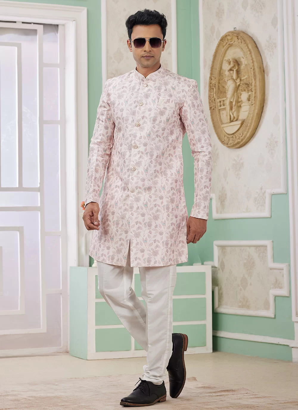 Raivat Ethnic Banarasi Jacquard Embroidery Indo Western Sherwani In Pink Colour | Grocsy