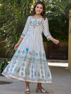 Juniper Blue Ethnic Motif Printed Flared Shantoon Maxi Dress With Beads & Sequins Work | Grocsy
