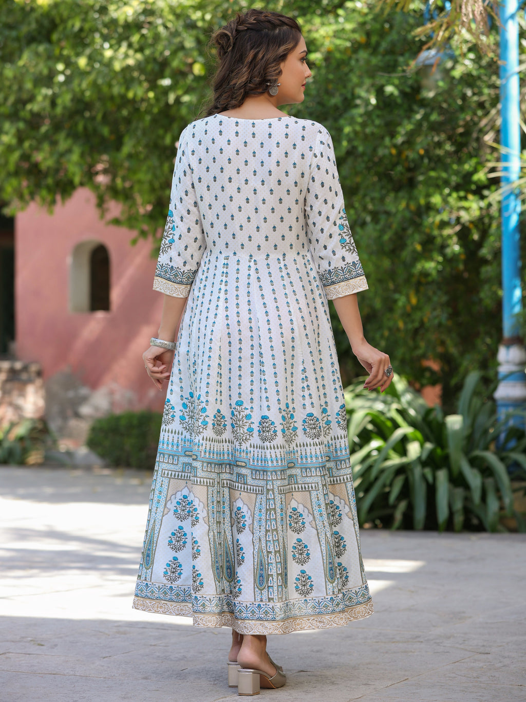 Juniper Blue Ethnic Motif Printed Flared Shantoon Maxi Dress With Beads & Sequins Work | Grocsy