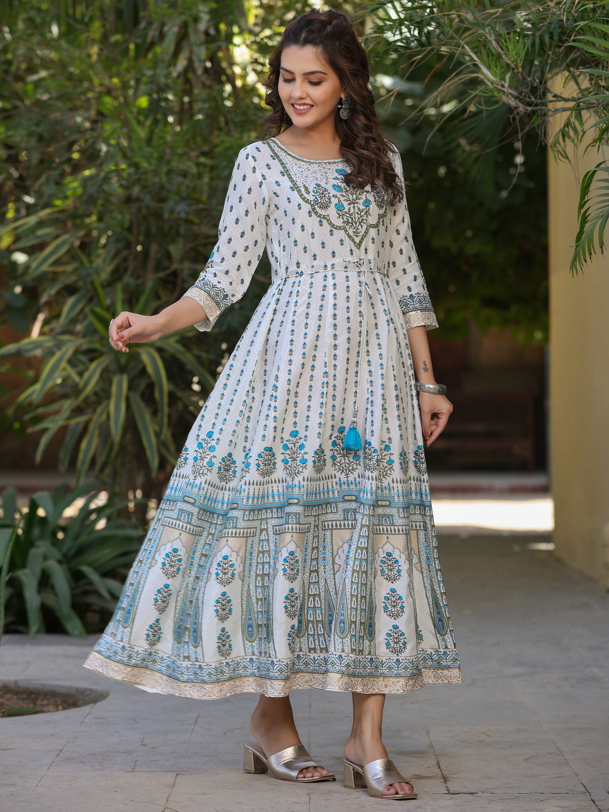 Juniper Blue Ethnic Motif Printed Flared Shantoon Maxi Dress With Beads & Sequins Work | Grocsy