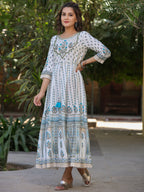 Juniper Blue Ethnic Motif Printed Flared Shantoon Maxi Dress With Beads & Sequins Work | Grocsy