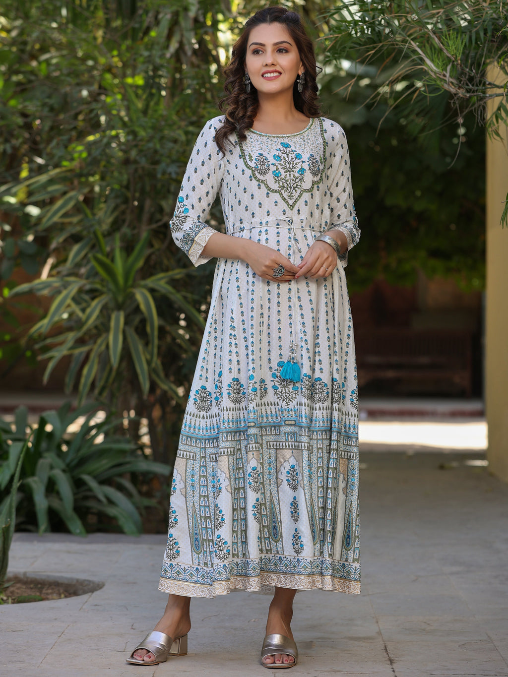 Juniper Blue Ethnic Motif Printed Flared Shantoon Maxi Dress With Beads & Sequins Work | Grocsy