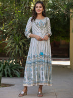 Juniper Blue Ethnic Motif Printed Flared Shantoon Maxi Dress With Beads & Sequins Work | Grocsy