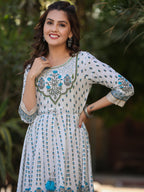 Juniper Blue Ethnic Motif Printed Flared Shantoon Maxi Dress With Beads & Sequins Work | Grocsy