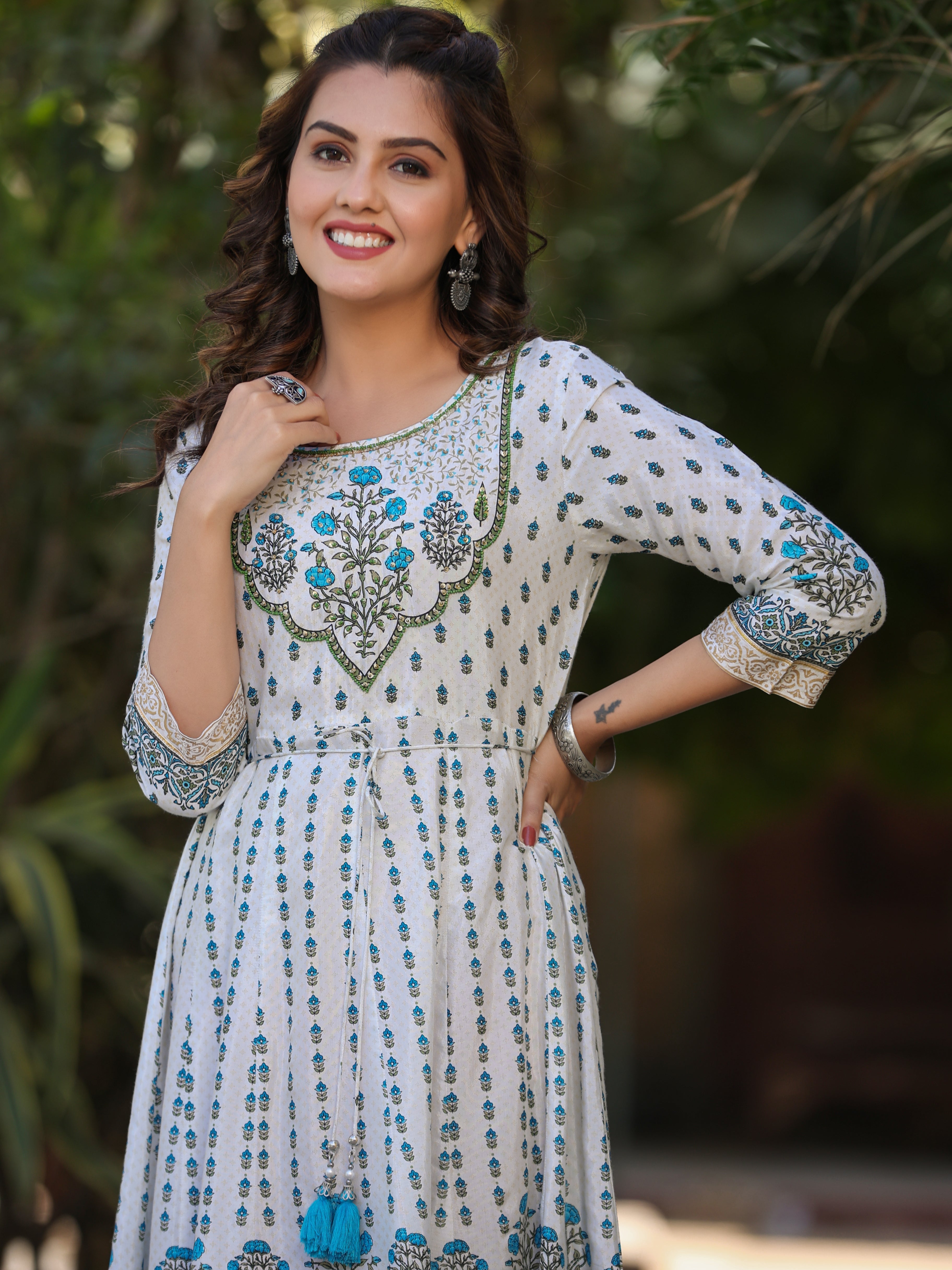 Juniper Blue Ethnic Motif Printed Flared Shantoon Maxi Dress With Beads & Sequins Work | Grocsy