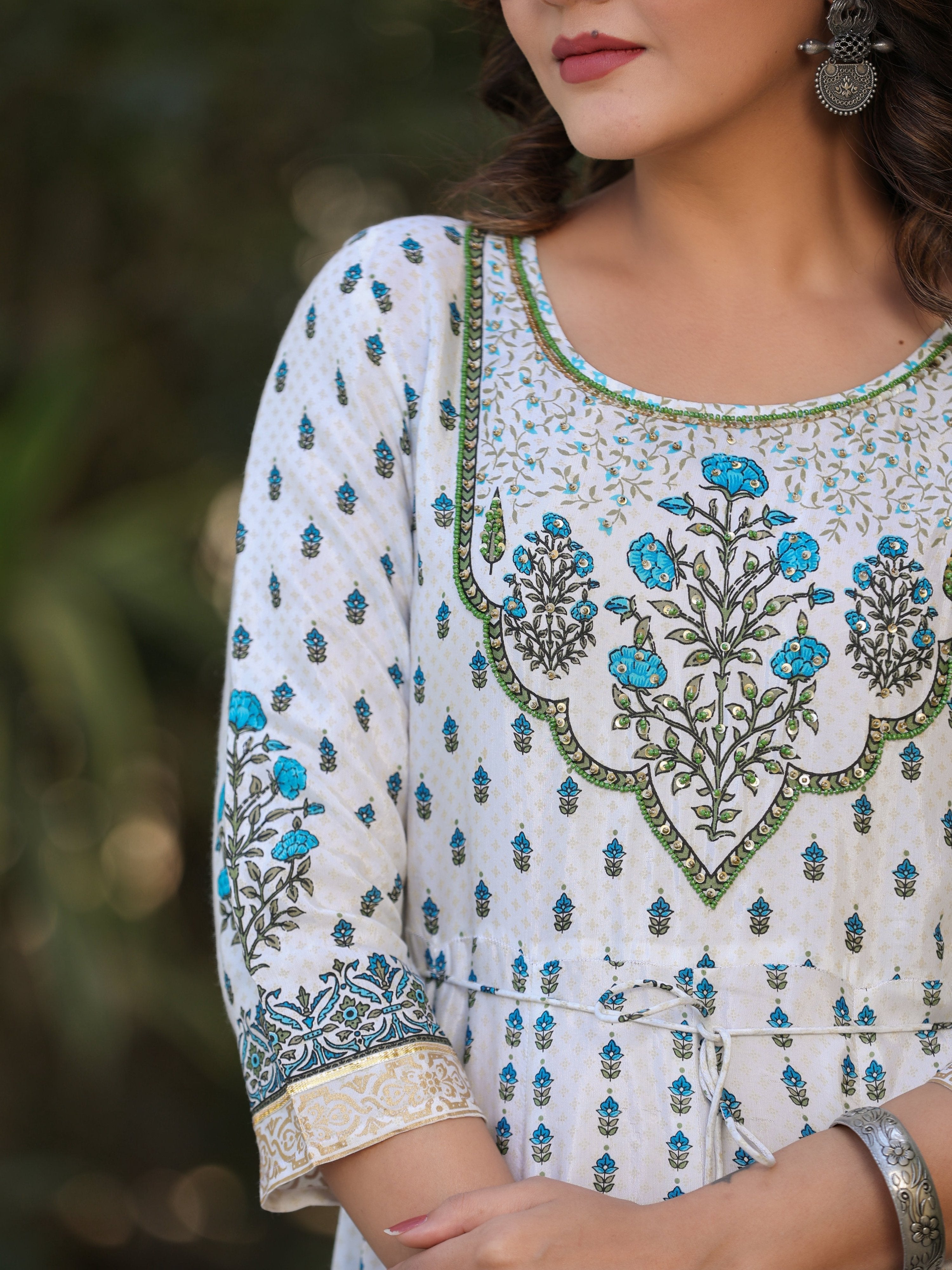 Juniper Blue Ethnic Motif Printed Flared Shantoon Maxi Dress With Beads & Sequins Work | Grocsy