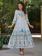 Juniper Blue Ethnic Motif Printed Flared Shantoon Maxi Dress With Beads & Sequins Work | Grocsy