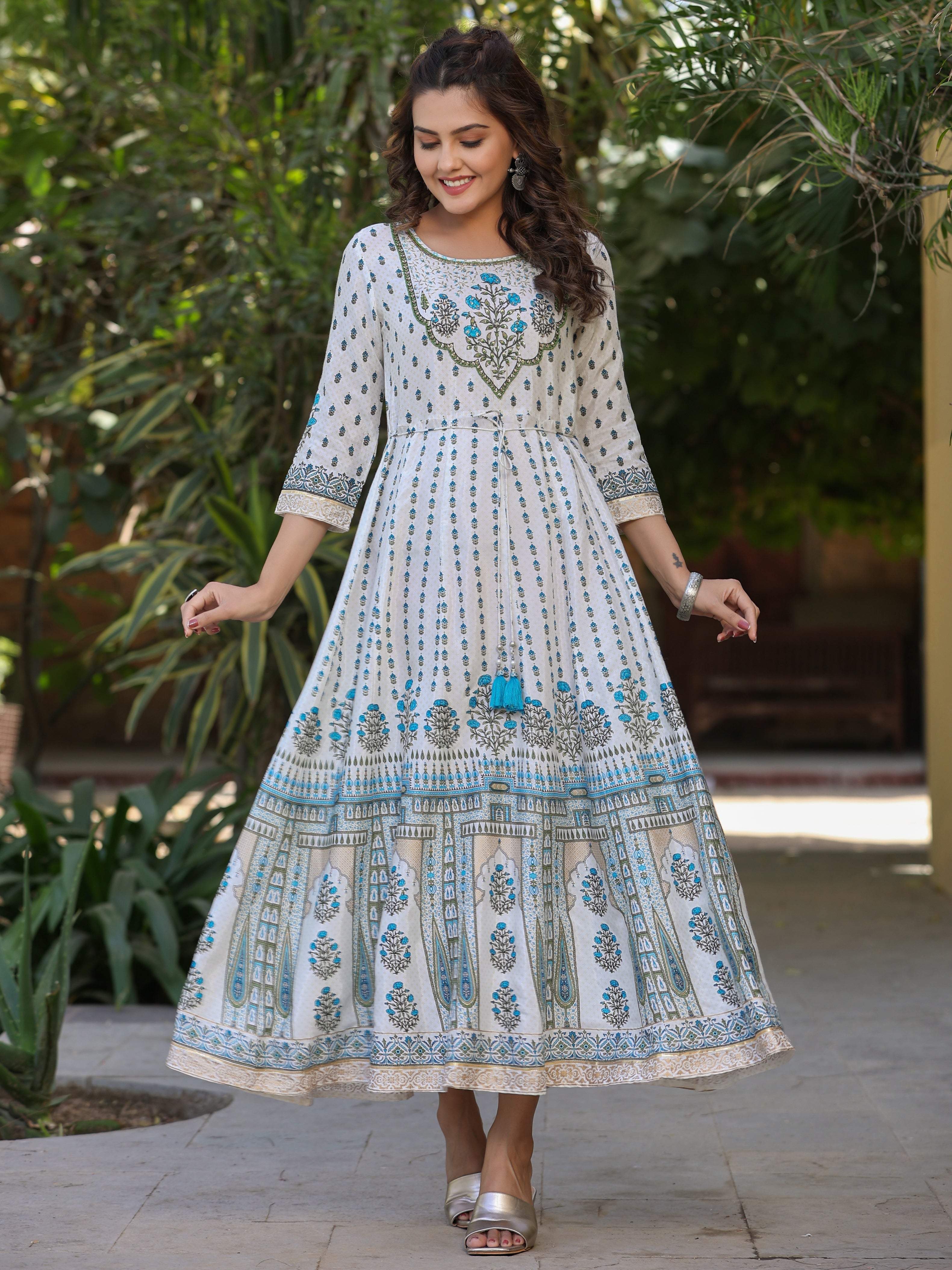Juniper Blue Ethnic Motif Printed Flared Shantoon Maxi Dress With Beads & Sequins Work | Grocsy