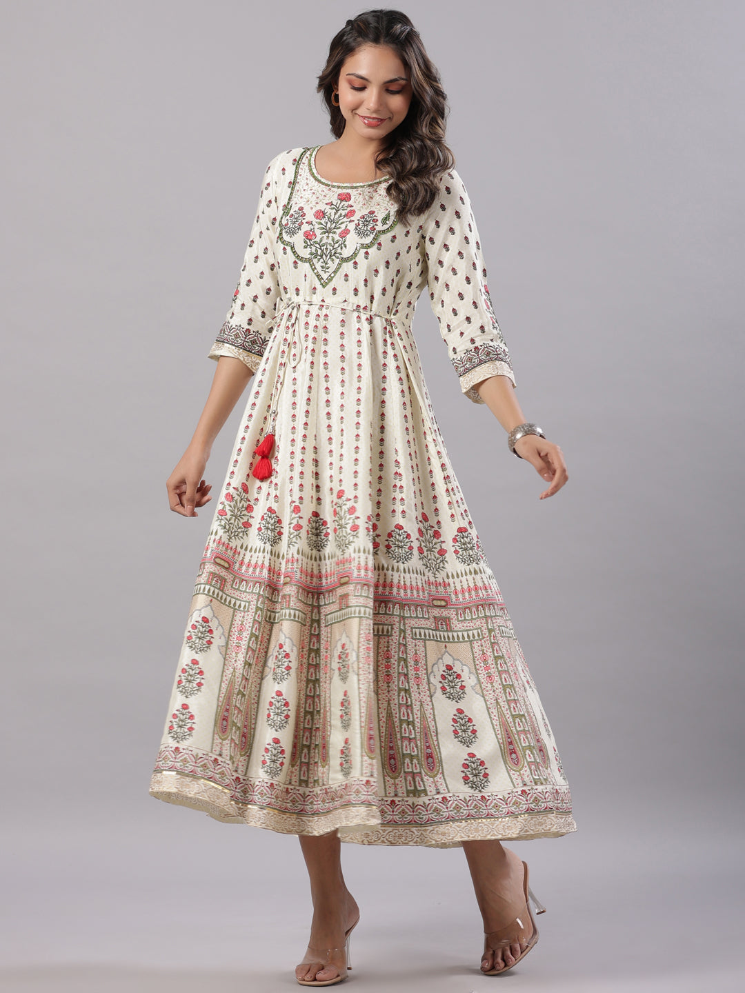 Juniper Yellow Ethnic Motif Printed Flared Shantoon Maxi Dress With Beads & Sequins Work | Grocsy