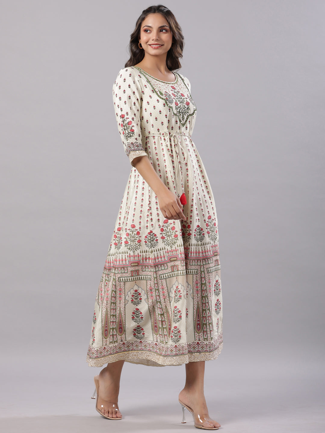 Juniper Yellow Ethnic Motif Printed Flared Shantoon Maxi Dress With Beads & Sequins Work | Grocsy