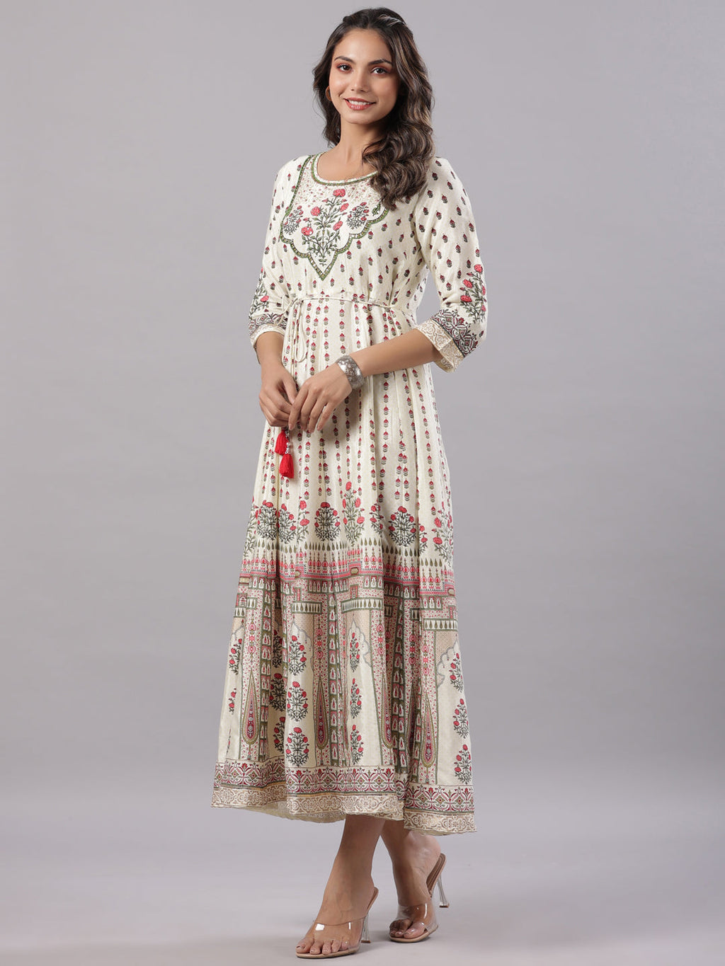 Juniper Yellow Ethnic Motif Printed Flared Shantoon Maxi Dress With Beads & Sequins Work | Grocsy