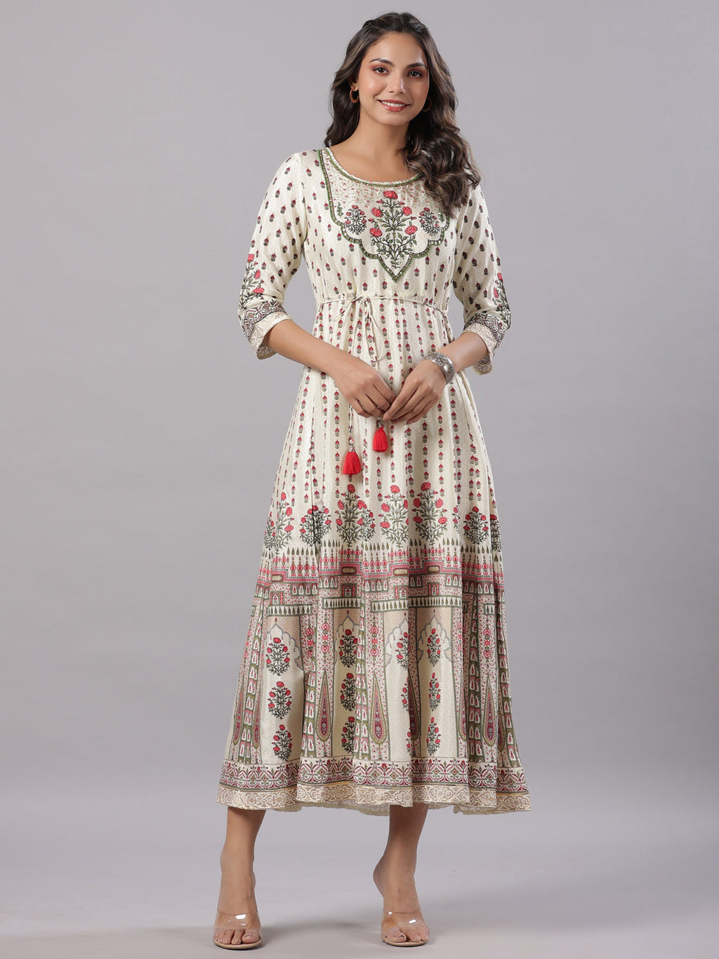 Juniper Yellow Ethnic Motif Printed Flared Shantoon Maxi Dress With Beads & Sequins Work | Grocsy