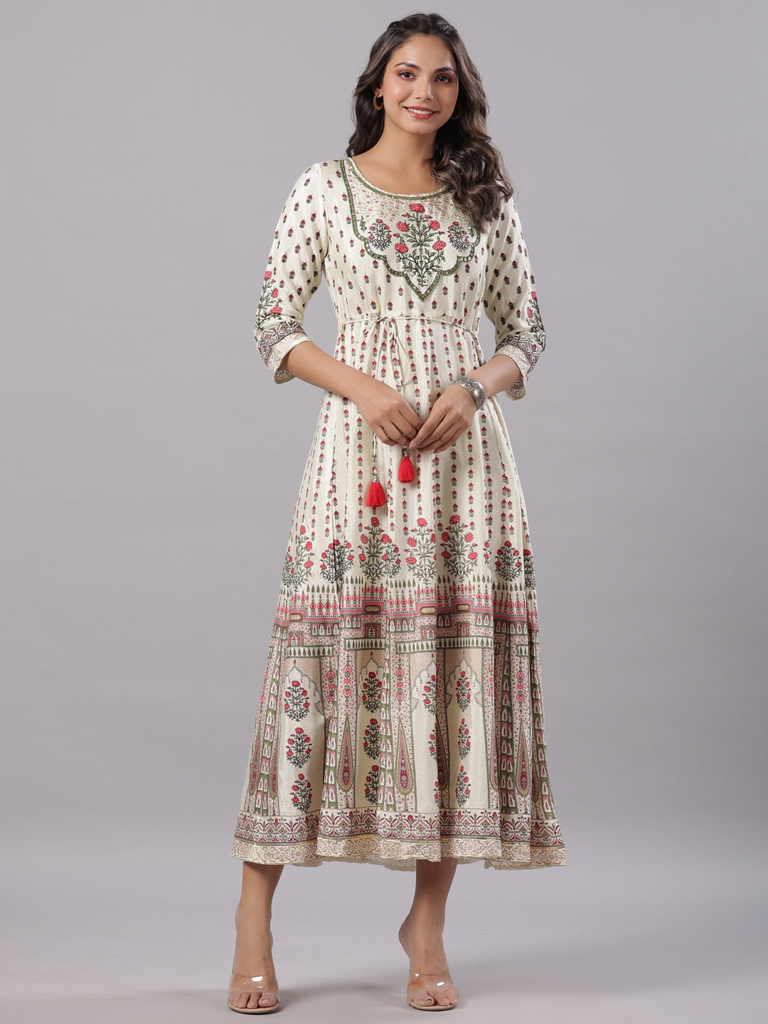 Juniper Yellow Ethnic Motif Printed Flared Shantoon Maxi Dress With Beads & Sequins Work | Grocsy