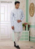 Raivat Ethnic Banarasi Jacquard Embroidery Indo Western Sherwani In Blue Colour | Grocsy