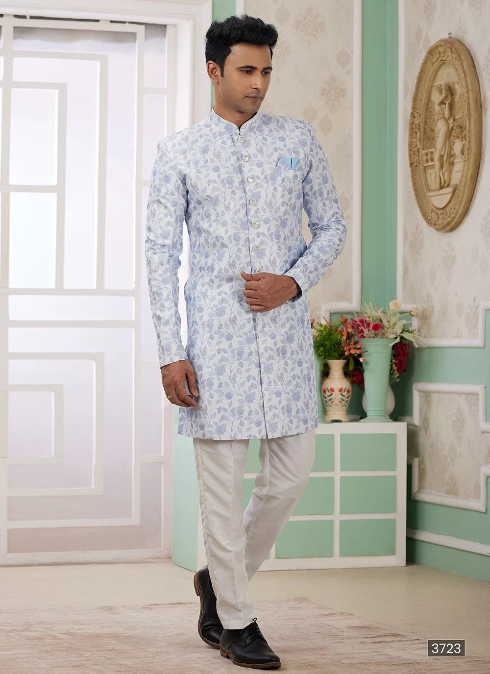 Raivat Ethnic Banarasi Jacquard Embroidery Indo Western Sherwani In Blue Colour | Grocsy