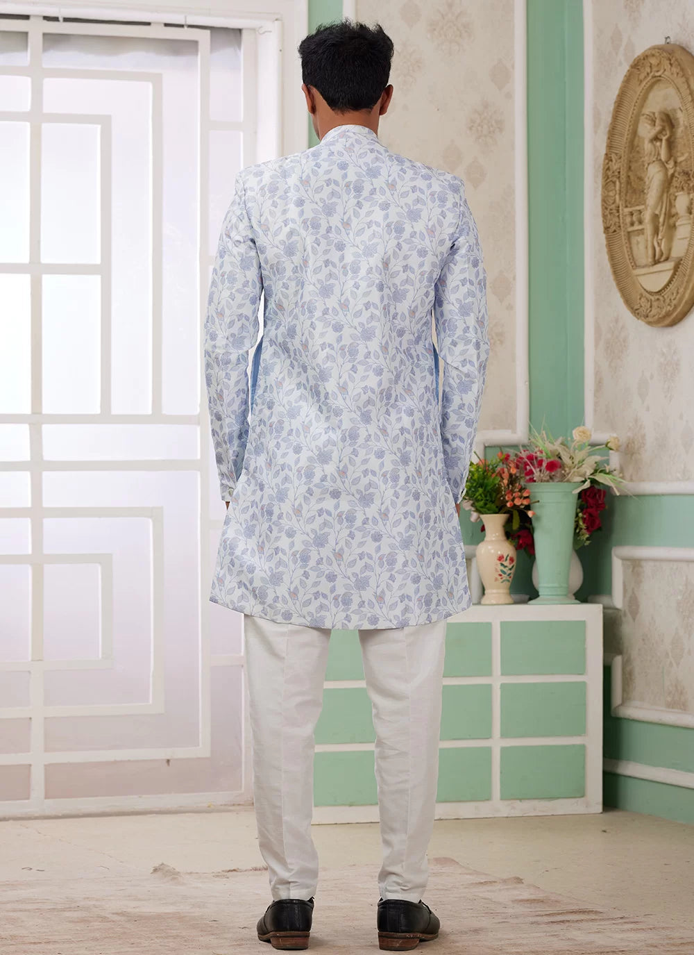 Raivat Ethnic Banarasi Jacquard Embroidery Indo Western Sherwani In Blue Colour | Grocsy