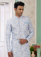 Raivat Ethnic Banarasi Jacquard Embroidery Indo Western Sherwani In Blue Colour | Grocsy