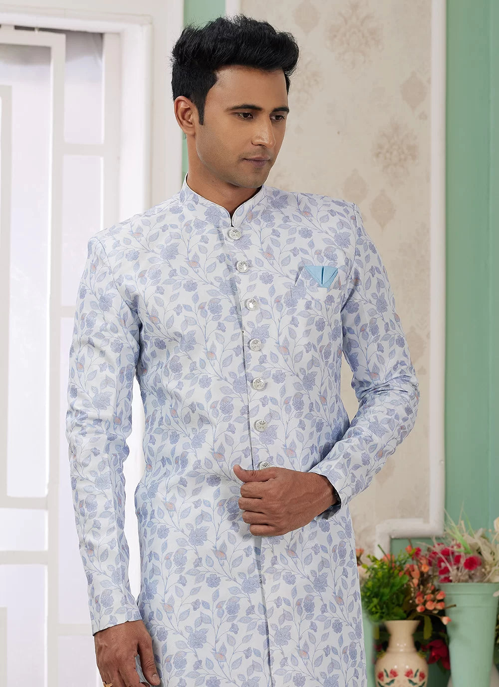 Raivat Ethnic Banarasi Jacquard Embroidery Indo Western Sherwani In Blue Colour | Grocsy