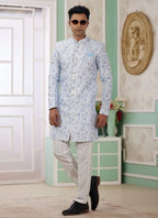 Raivat Ethnic Banarasi Jacquard Embroidery Indo Western Sherwani In Blue Colour | Grocsy
