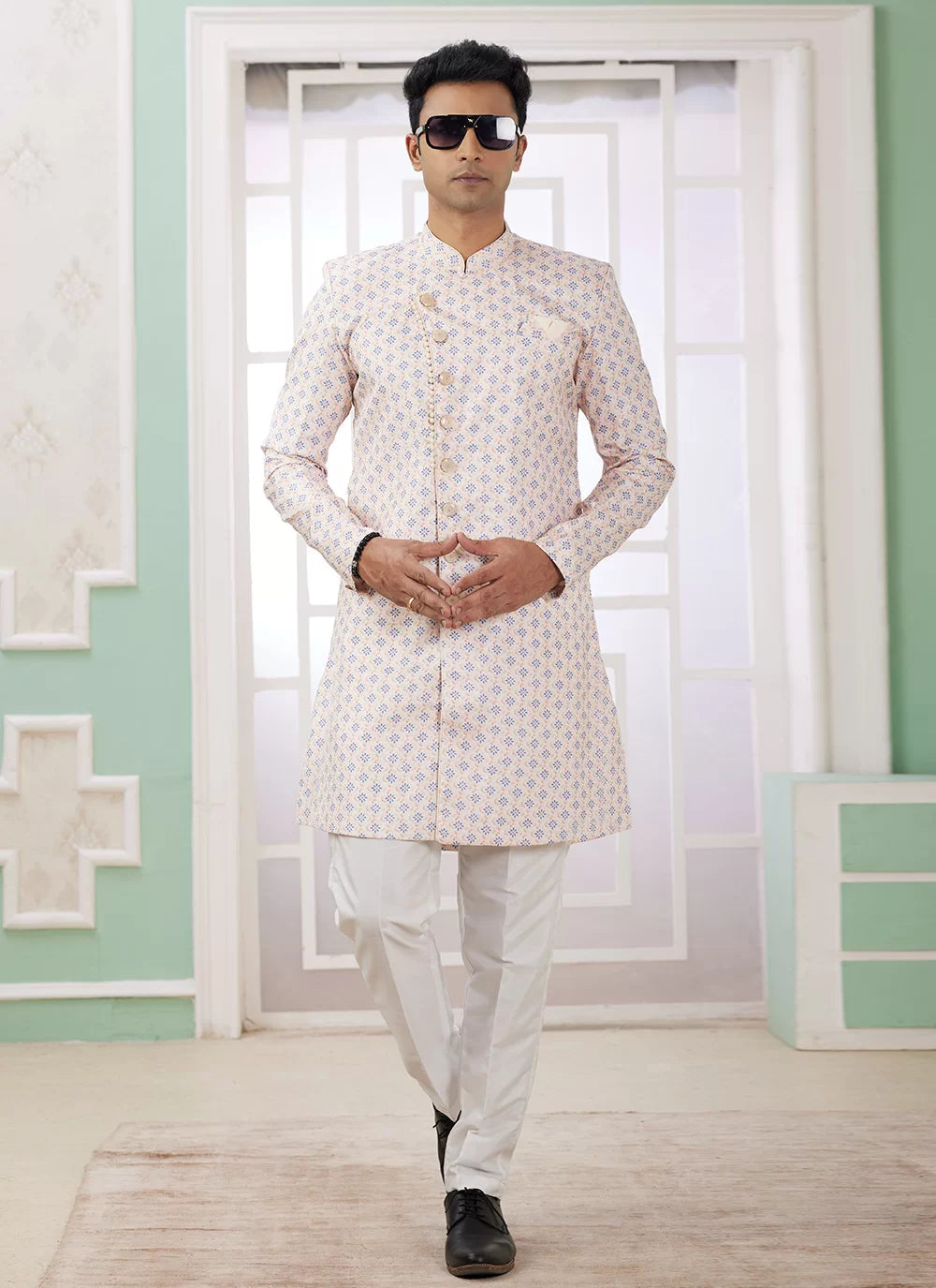 Raivat Ethnic Banarasi Jacquard Embroidery Indo Western Sherwani In Cream Blue Colour | Grocsy