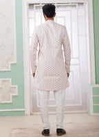 Raivat Ethnic Banarasi Jacquard Embroidery Indo Western Sherwani In Cream Blue Colour | Grocsy
