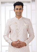 Raivat Ethnic Banarasi Jacquard Embroidery Indo Western Sherwani In Cream Blue Colour | Grocsy