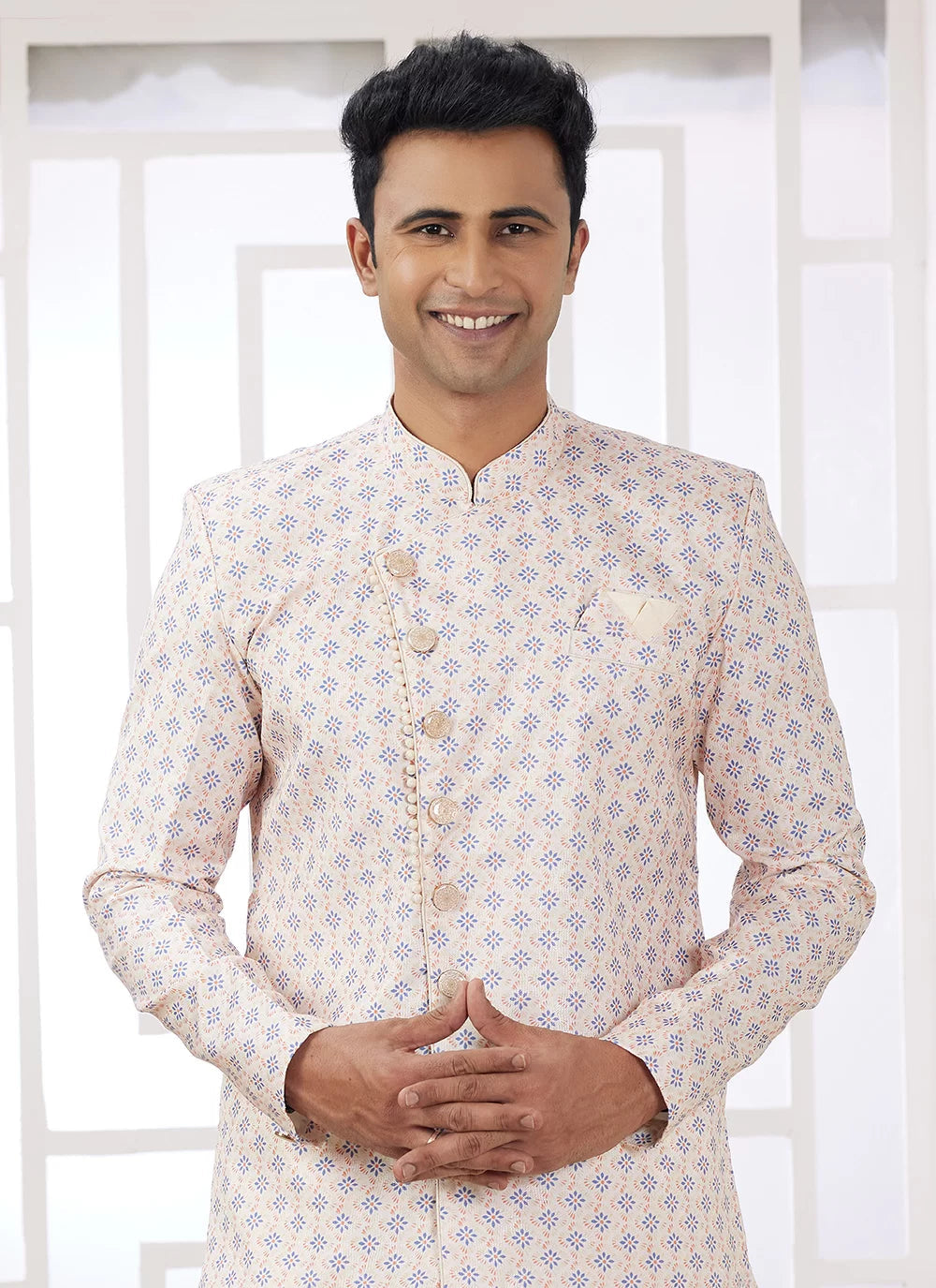 Raivat Ethnic Banarasi Jacquard Embroidery Indo Western Sherwani In Cream Blue Colour | Grocsy