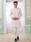 Raivat Ethnic Banarasi Jacquard Embroidery Indo Western Sherwani In Cream Blue Colour | Grocsy